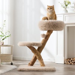 Hittite Modern Indoor Aesthetic Natural Wood Luxury Plush 33-in Faux Fur Removable Bed Cat Tree Tower with Branch Style Scratching Post, Natural Loft, Perch & Hanging Ball, Almond Khaki