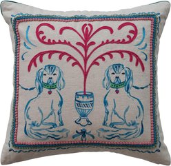 Storied Home Square Cotton & Linen Printed Pillow with Dog Scene, Embroidery & Velvet Back, Multicolor