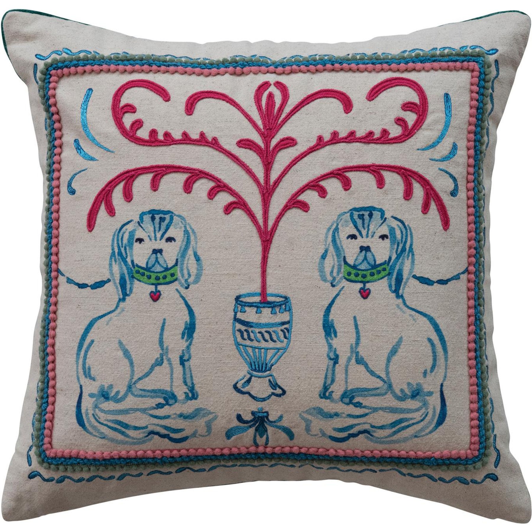 Storied Home Square Cotton & Linen Printed Pillow with Dog Scene, Embroidery & Velvet Back, Multicolor