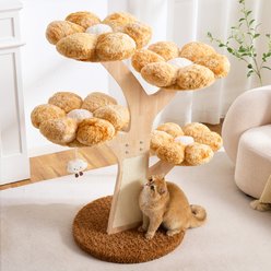 Hittite Wood Sculpted Branch Interactive Squeaky Toy 48-in Flower Faux Fur Removable Bed Cat Tree Tower with Scratching Post, Sunset Brown