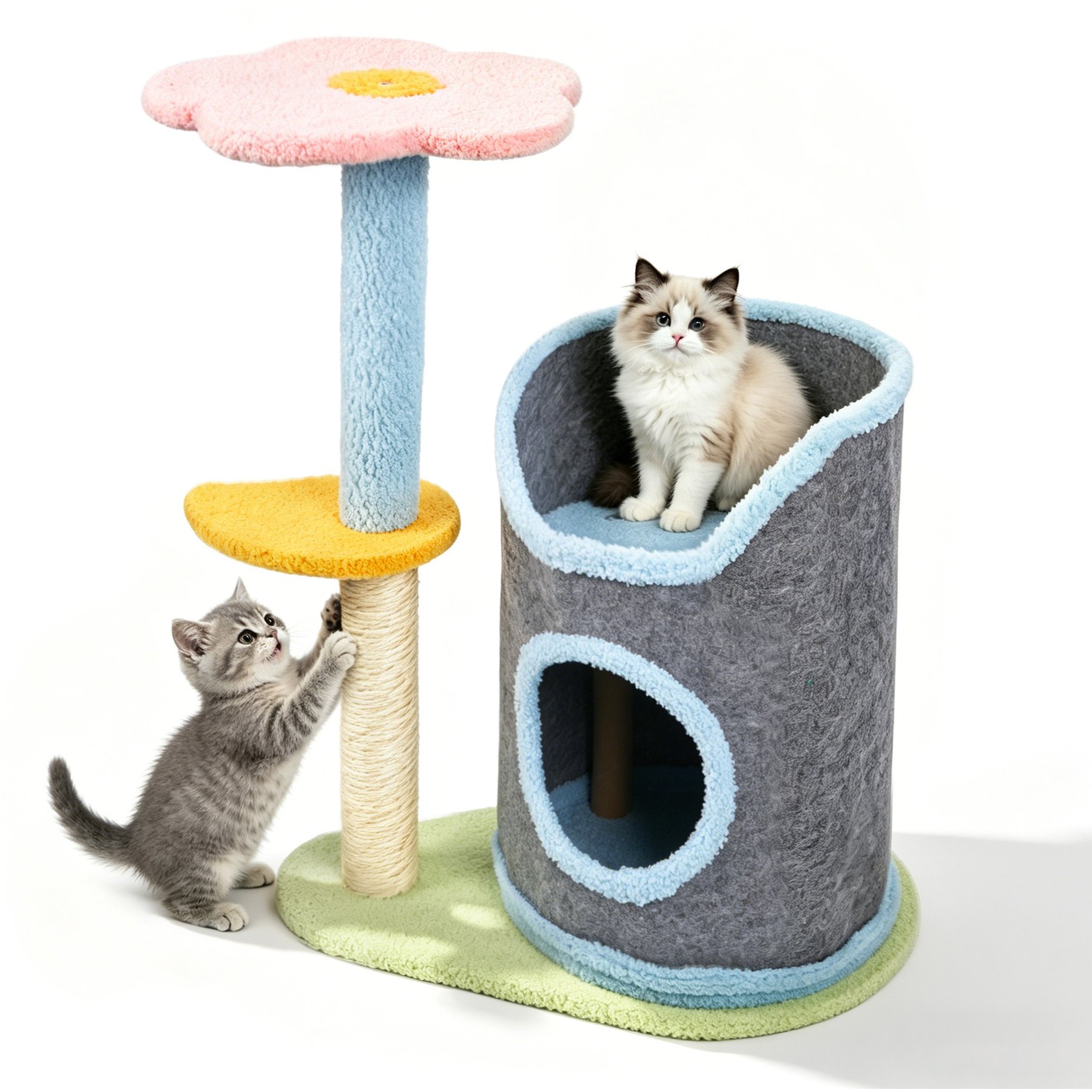 PatiencET Cute 29.5-in Tree Novelty Furniture Style Sofa Cat Bed with Cozy Condo & Flower Perch, Sisal Scratching Post & Soft Plush Tower, Pastel Mix, Medium