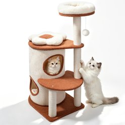 PatiencET Modern Stylish Indoor 39.4-in Tree Tower Novelty Furniture Style Sofa Cat Bed with Dual Condos, Plush Perch & Full Sisal Posts, White/Brown, Large