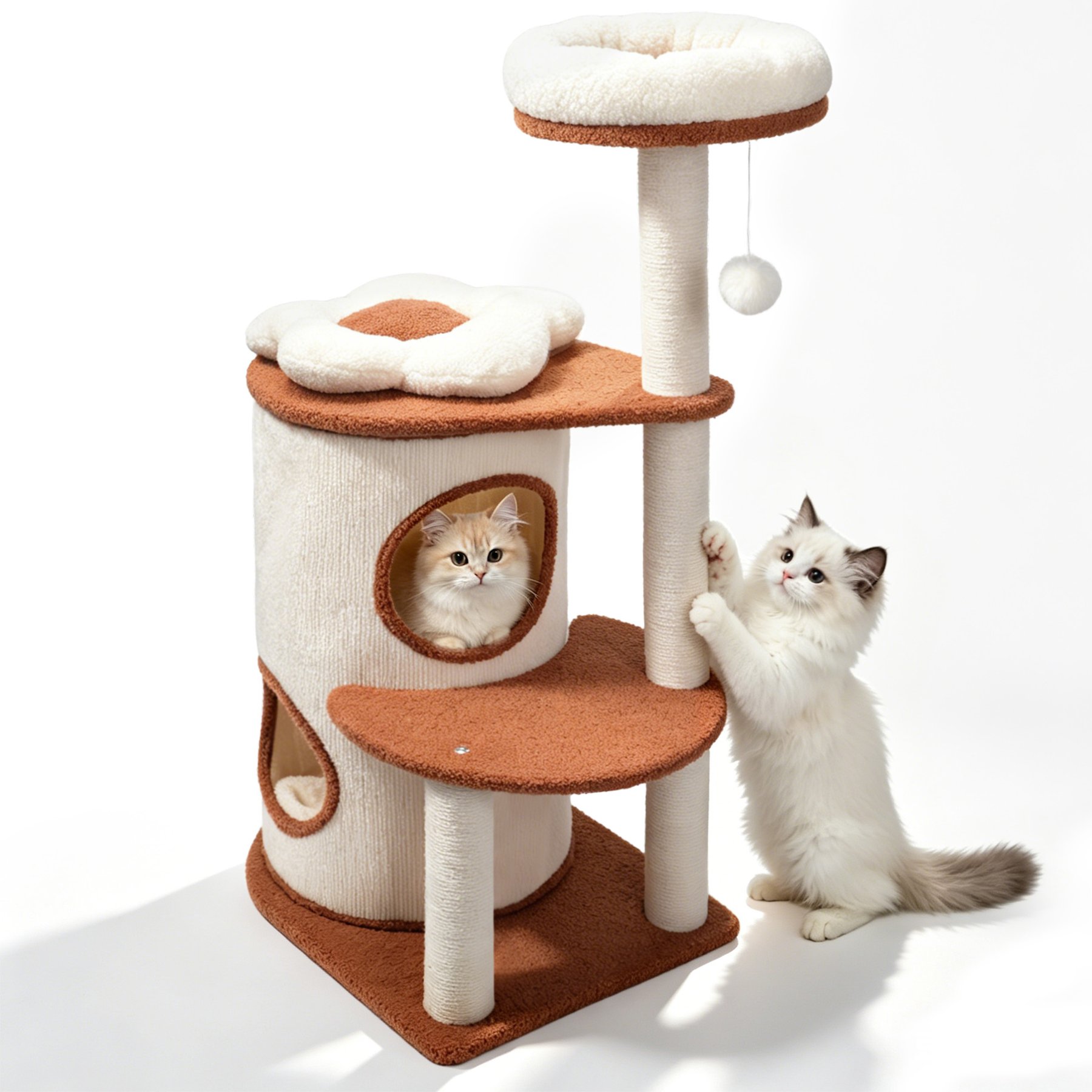 PatiencET Modern Stylish Indoor 39.4-in Tree Tower Novelty Furniture Style Sofa Cat Bed with Dual Condos, Plush Perch & Full Sisal Posts, White/Brown, Large