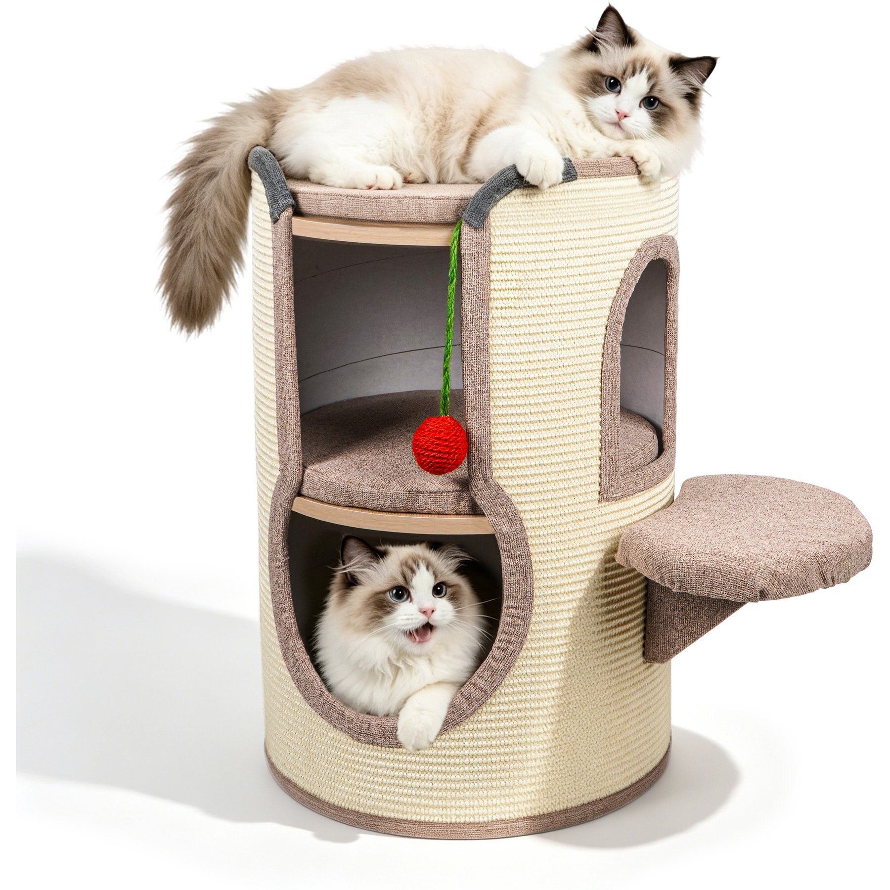 PatiencET Indoor 25.6-in Condo Tower Novelty Furniture Style Sofa Cat Bed with 360° Full Sisal Scratching Surface, Dual Hideaway Caves & Side Perch, Beige, Large