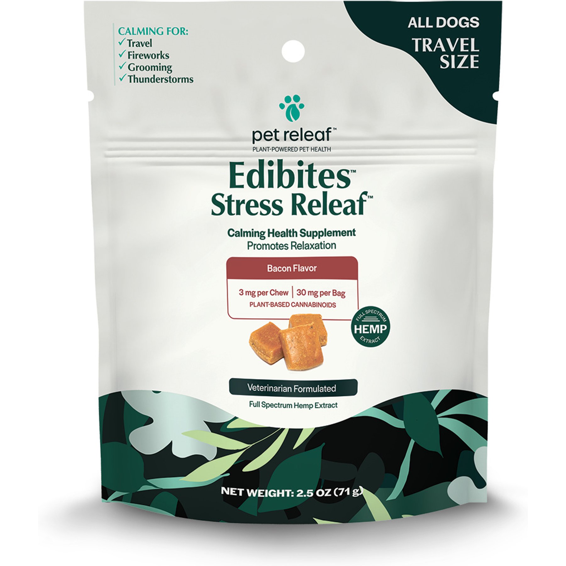 Pet Releaf Edibites Stress Releaf Organic Peppered Bacon Flavored Chew Full Spectrum Hemp Extract Health Calming Supplement for Small Dogs, 10 count