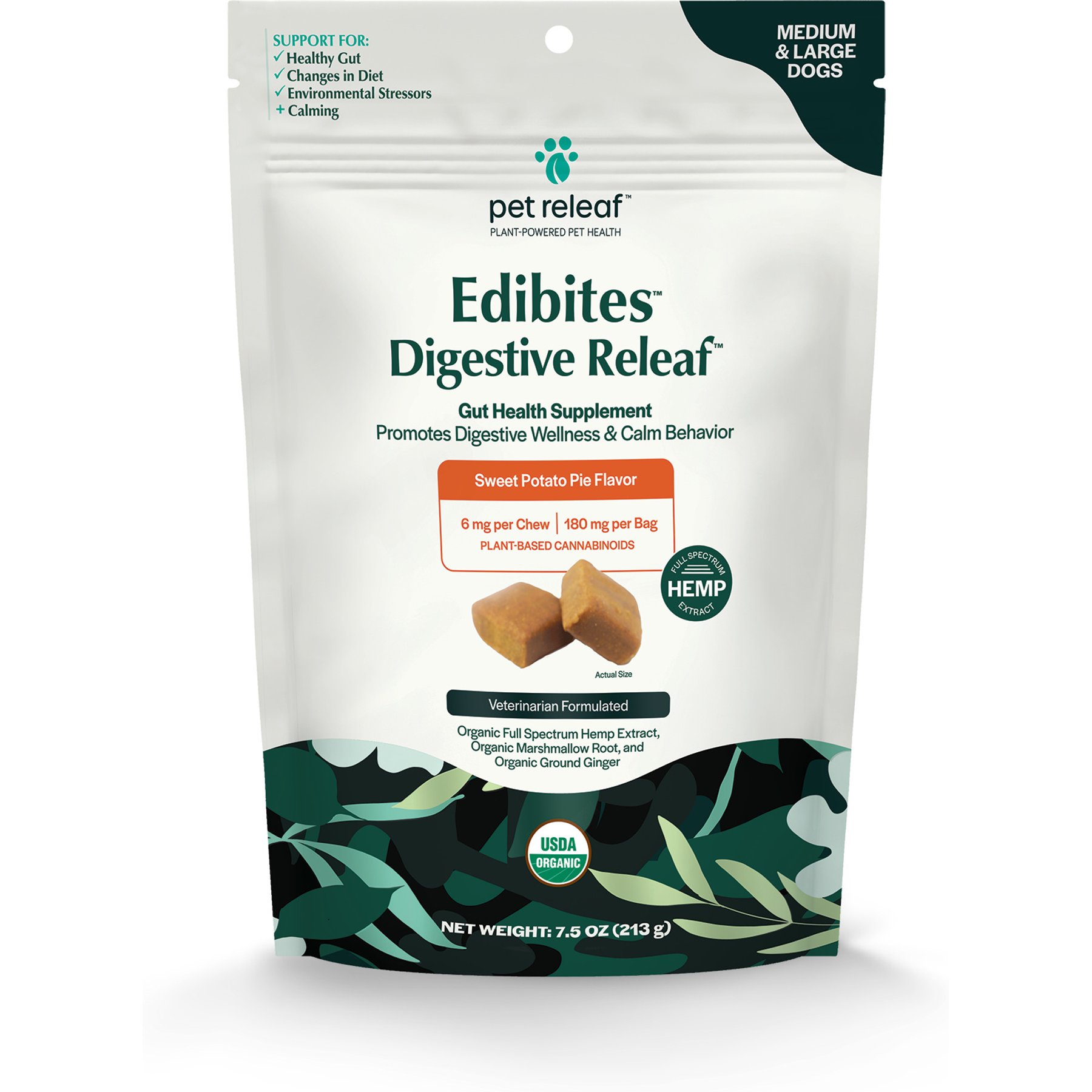 Pet Releaf Edibites Digestive Releaf Organic Sweet Potato Flavored Chew Full Spectrum Hemp Extract Digestive Health Supplement for Medium & Large Dogs, 30 count