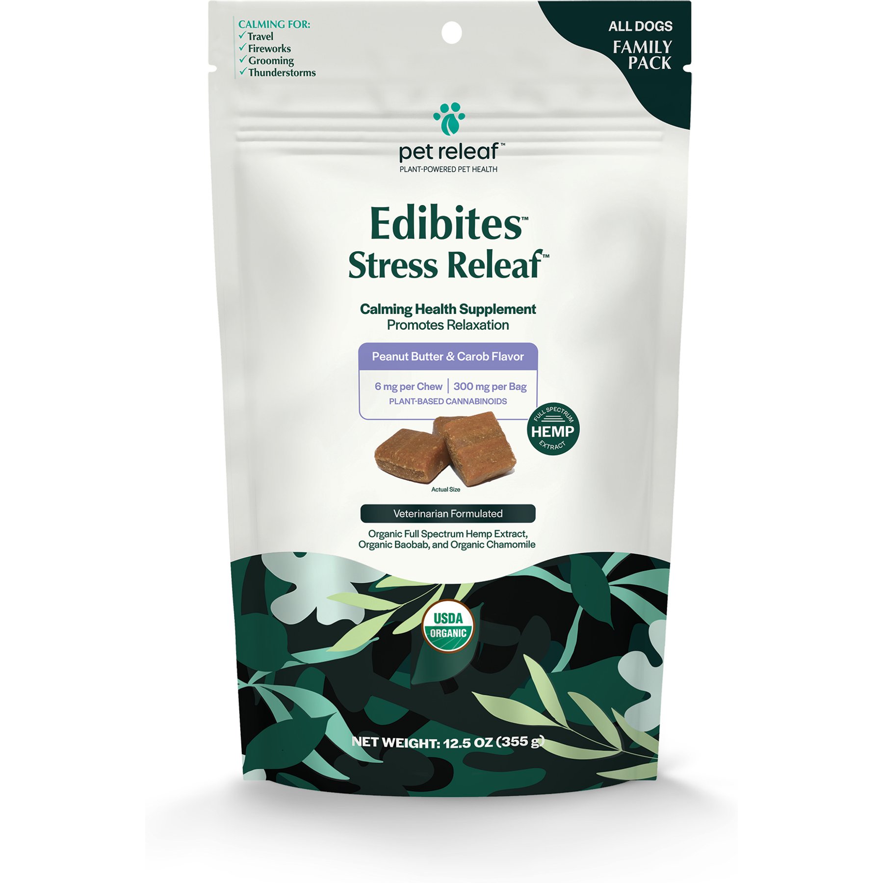 Pet Releaf Edibites Stress Releaf Organic Peanut Butter & Carob Flavored Chew Full Spectrum Hemp Extract Calming Health Supplement for Medium & Large Dogs, 50 count