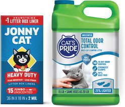 Cat's Pride Max Power Total Odor Control Multi-Cat Clumping Litter, Unscented, 15-lb jug + Jonny Cat Heavy Duty Tear-Resistant Jumbo Litter Box Liners, 15 Count