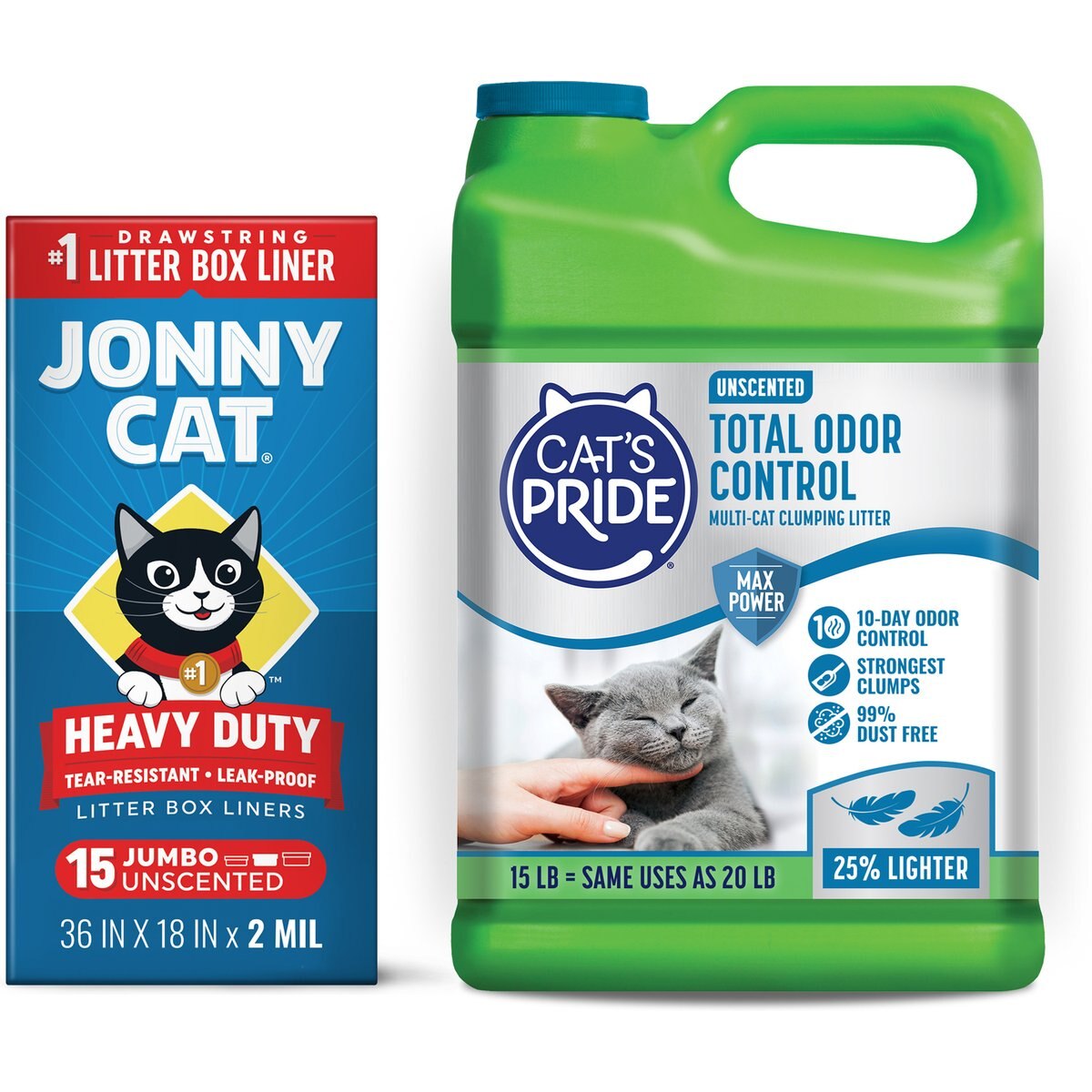 Cat's Pride Max Power Total Odor Control Multi-Cat Clumping Litter, Unscented, 15-lb jug + Jonny Cat Heavy Duty Tear-Resistant Jumbo Litter Box Liners, 15 Count