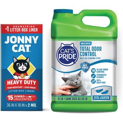 Cat's Pride Cat's Pride Max Power Total Odor Control Multi-Cat Clumping Litter, Unscented, 15-lb jug + Jonny Cat Heavy Duty Tear-Resistant Jumbo Litter Box Liners, 15 Count