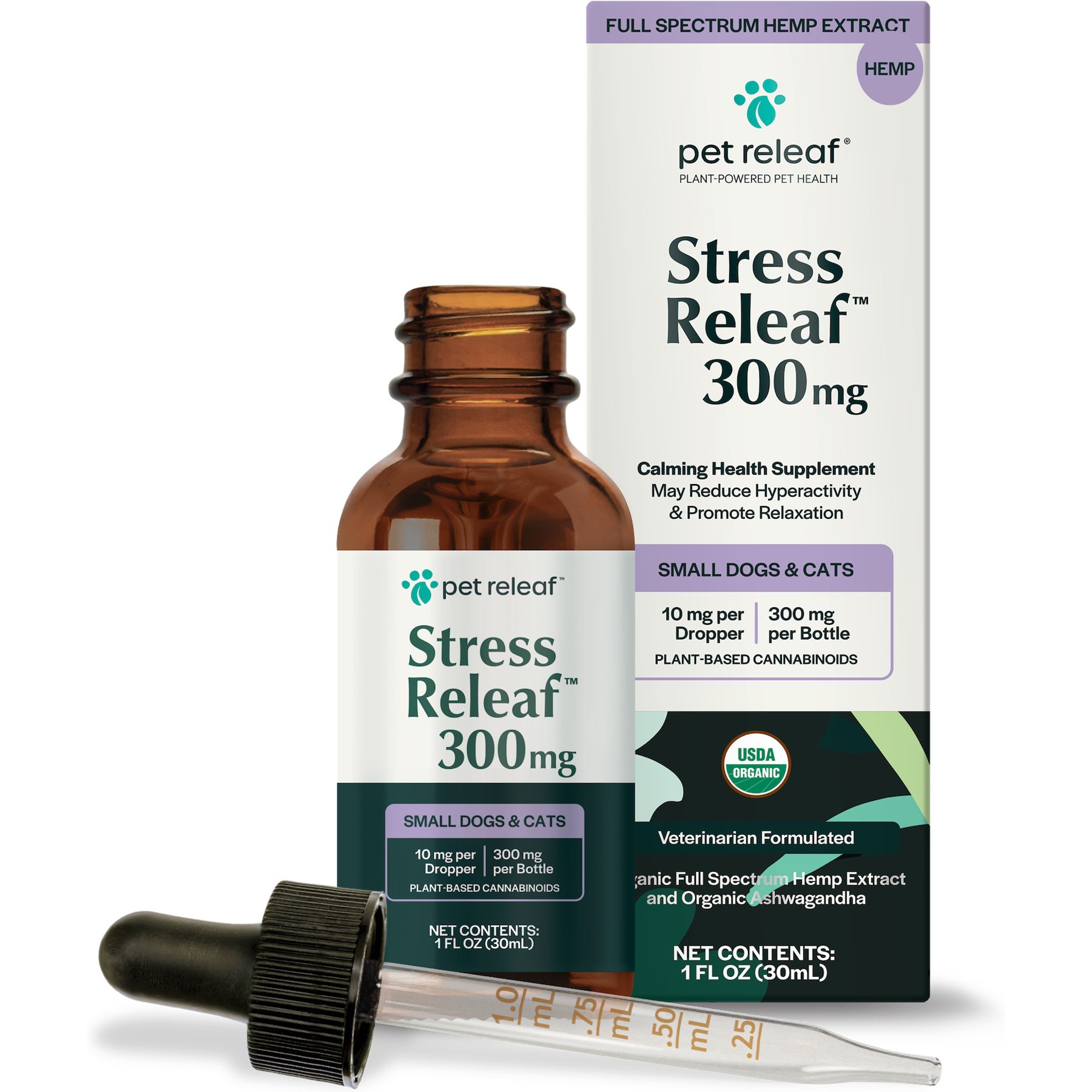 Pet Releaf Stress Releaf Organic Full Spectrum Hemp Extract Oil & Ashwagandha Liquid Calming Health Supplement for Small Dogs & Cats, 1-fl oz bottle