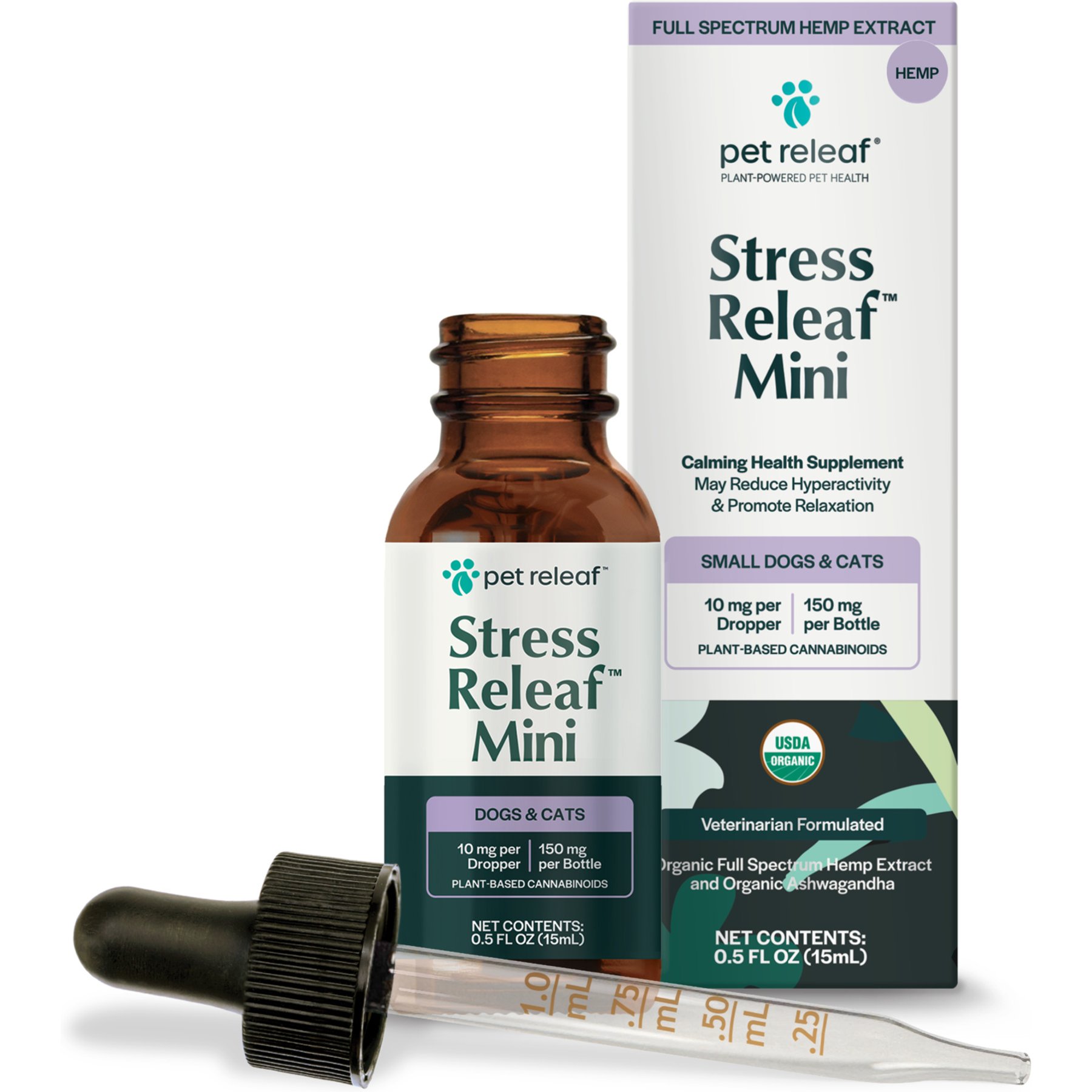 Pet Releaf Stress Releaf Organic Full Spectrum Hemp Extract Oil & Ashwagandha Liquid Calming Health Supplement for Dogs & Cats, 15-mL bottle