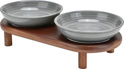 SpunkyJunky Stripped Pattern Shallow Elevated Ceramic Cat Bowl with Acacia Wood Stand Wide Raised Dishes Whisker Friendly Food & Water Plates, 8.45-oz, Gray, 1 count