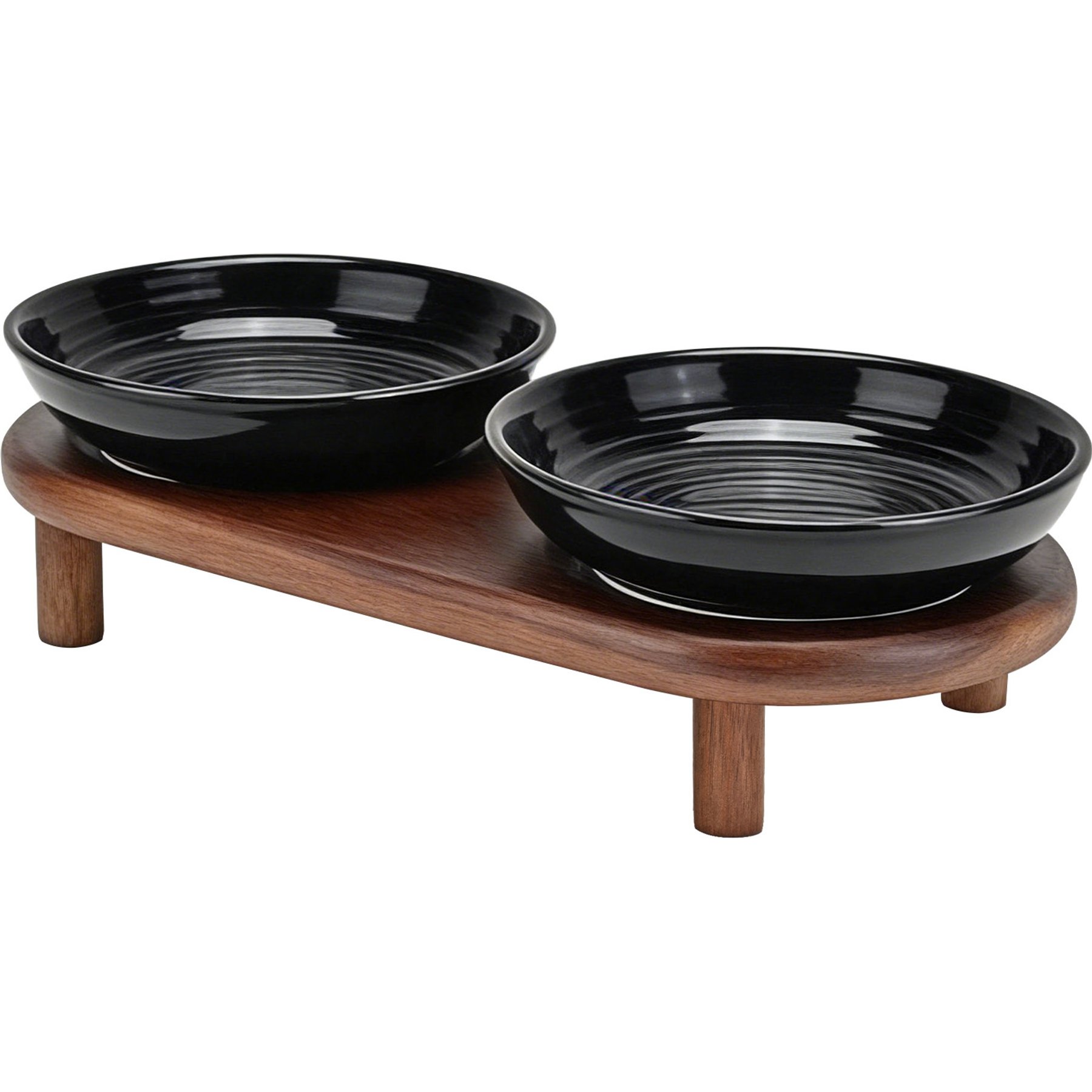 SpunkyJunky Stripped Pattern Shallow Elevated Ceramic Cat Bowl with Acacia Wood Stand Wide Raised Dishes Whisker Friendly Food & Water Plates, 8.45-oz, Black, 1 count