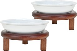 SpunkyJunky Stripped Pattern Shallow Elevated Ceramic Cat Bowl with Acacia Wood Stand Wide Raised Dishes Whisker Friendly Food & Water Plates, 8.45-oz, White, 2 count