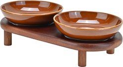 SpunkyJunky Extra Wide Elevated Cat Paw Pattern Ceramic Cat Bowl with Acacia Wood Stand Whisker Friendly, 8.45-oz, Brown, 1 count