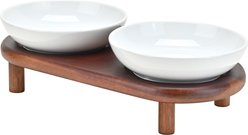 SpunkyJunky Extra Wide Elevated Cat Paw Pattern Ceramic Cat Bowl with Acacia Wood Stand Whisker Friendly, 8.45-oz, White, 1 count