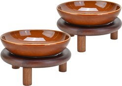SpunkyJunky Extra Wide Elevated Cat Paw Pattern Ceramic Cat Bowl with Acacia Wood Stand Whisker Friendly, 8.45-oz, Brown, 2 count
