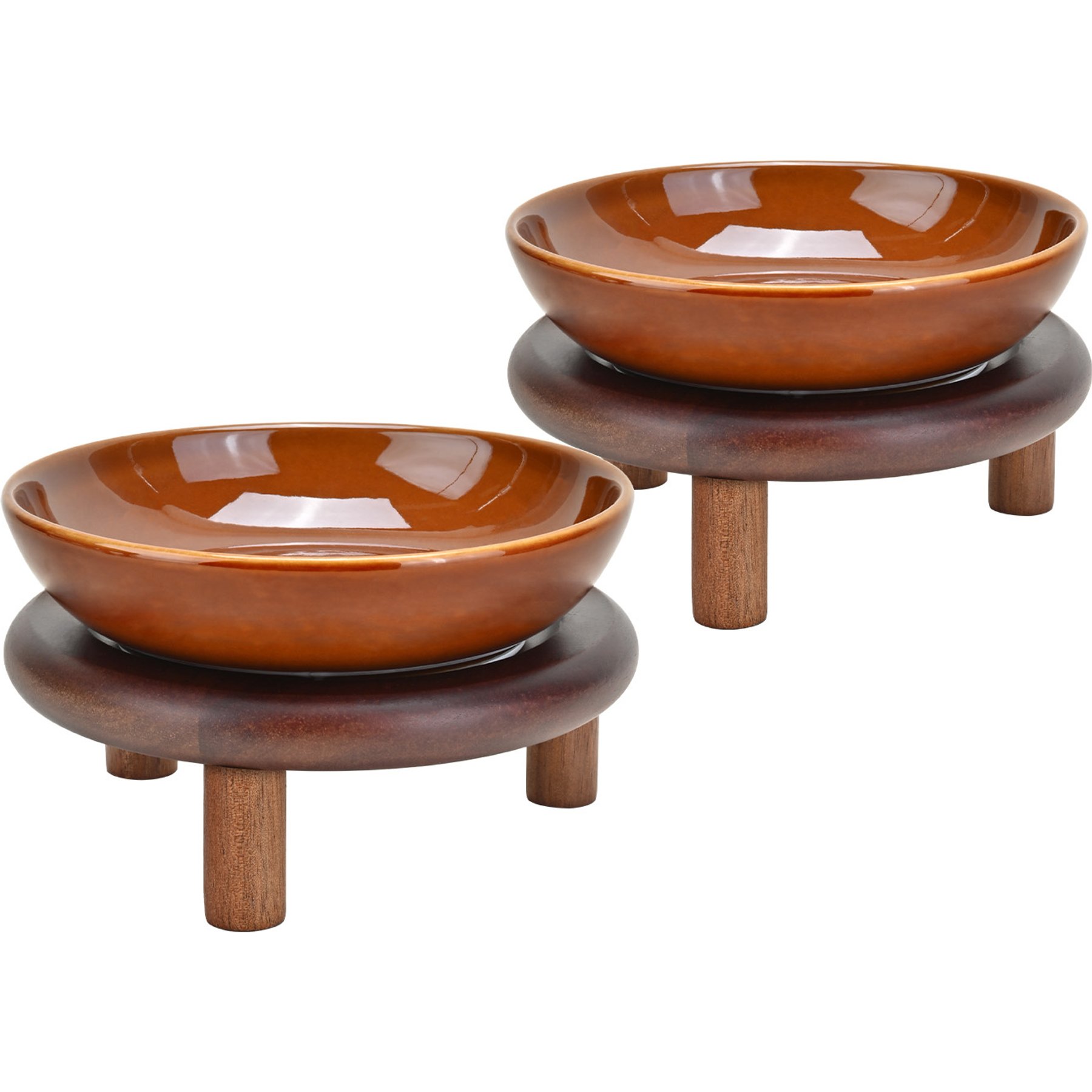 SpunkyJunky Extra Wide Elevated Cat Paw Pattern Ceramic Cat Bowl with Acacia Wood Stand Whisker Friendly, 8.45-oz, Brown, 2 count