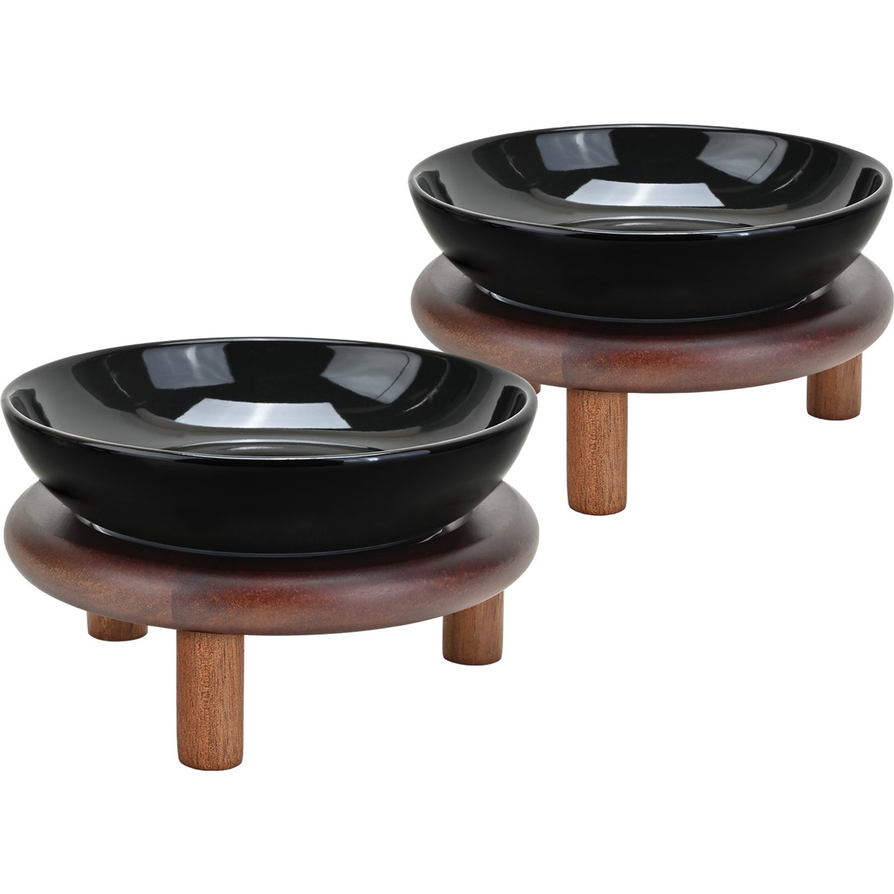SpunkyJunky Extra Wide Elevated Cat Paw Pattern Ceramic Cat Bowl with Acacia Wood Stand Whisker Friendly, 8.45-oz, Black, 2 count