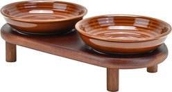 SpunkyJunky Stripped Pattern Shallow Elevated Ceramic Cat Bowl with Acacia Wood Stand Wide Raised Dishes Whisker Friendly Food & Water Plates, 8.45-oz, Brown, 1 count