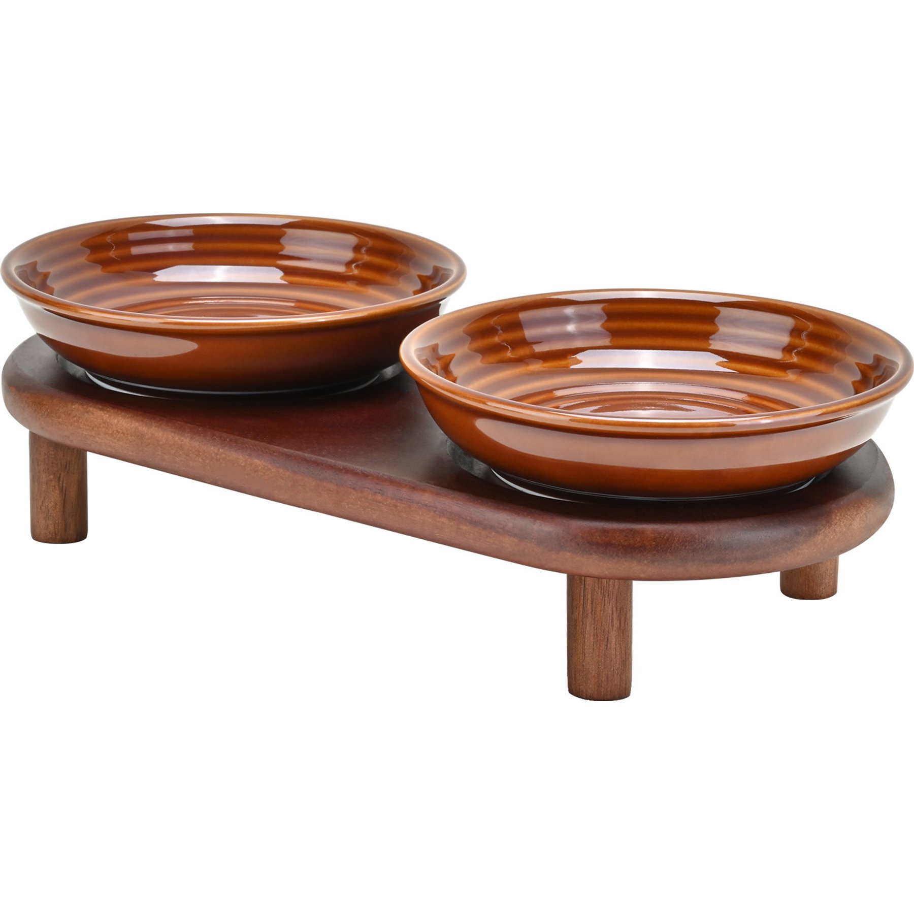 SpunkyJunky Stripped Pattern Shallow Elevated Ceramic Cat Bowl with Acacia Wood Stand Wide Raised Dishes Whisker Friendly Food & Water Plates, 8.45-oz, Brown, 1 count