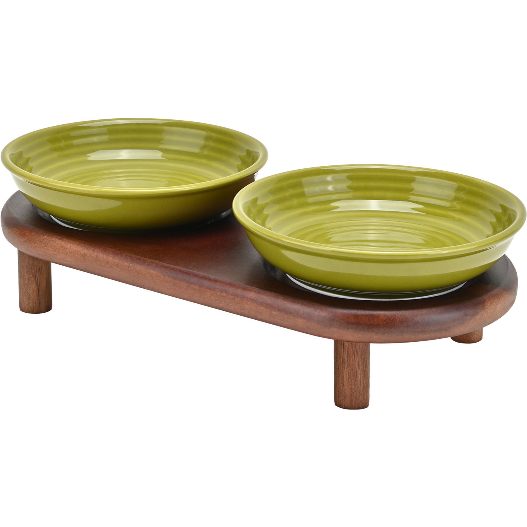SpunkyJunky Stripped Pattern Shallow Elevated Ceramic Cat Bowl with Acacia Wood Stand Wide Raised Dishes Whisker Friendly Food & Water Plates, 8.45-oz, Green, 1 count