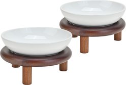 SpunkyJunky Extra Wide Elevated Cat Paw Pattern Ceramic Cat Bowl with Acacia Wood Stand Whisker Friendly, 8.45-oz, White, 2 count