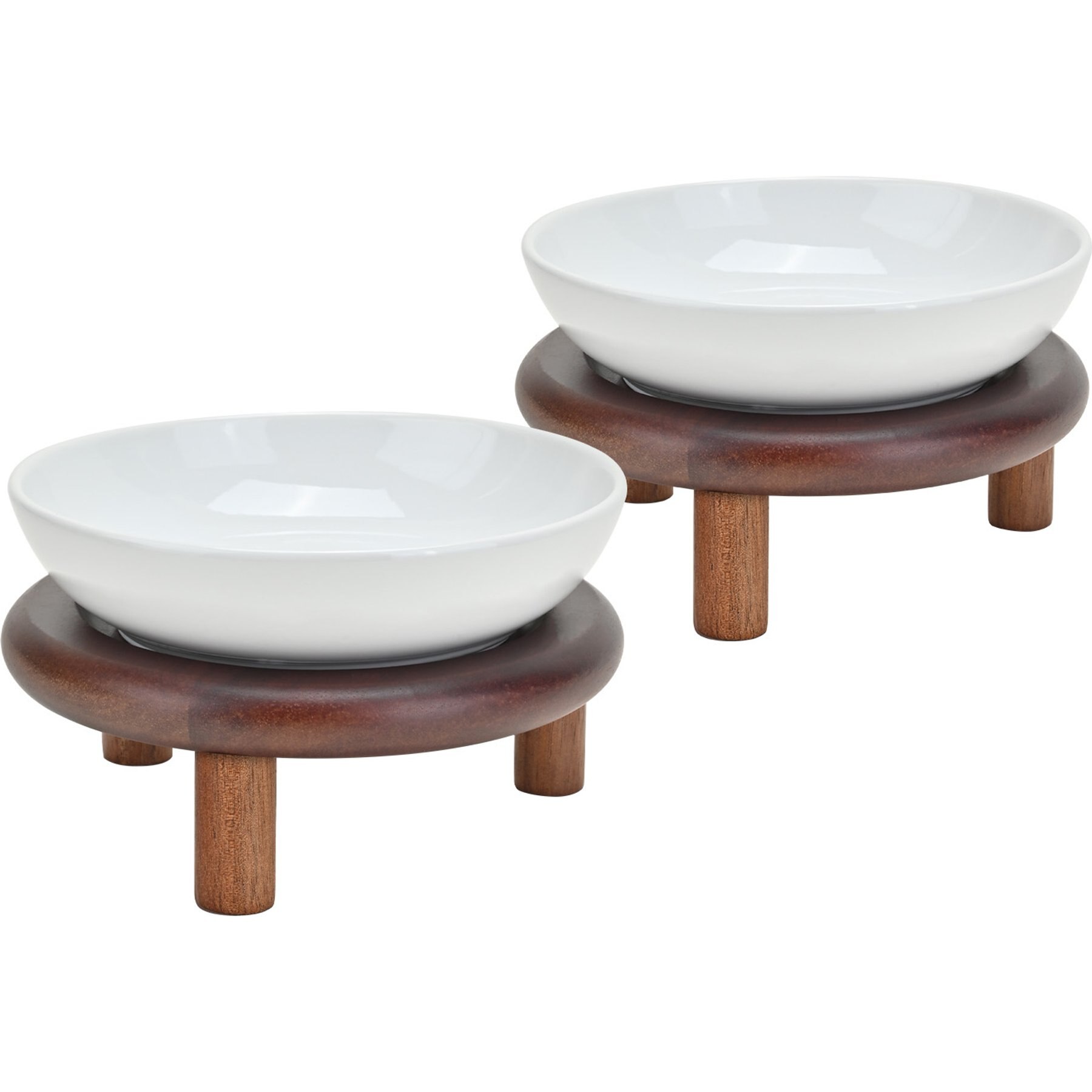 SpunkyJunky Extra Wide Elevated Cat Paw Pattern Ceramic Cat Bowl with Acacia Wood Stand Whisker Friendly, 8.45-oz, White, 2 count
