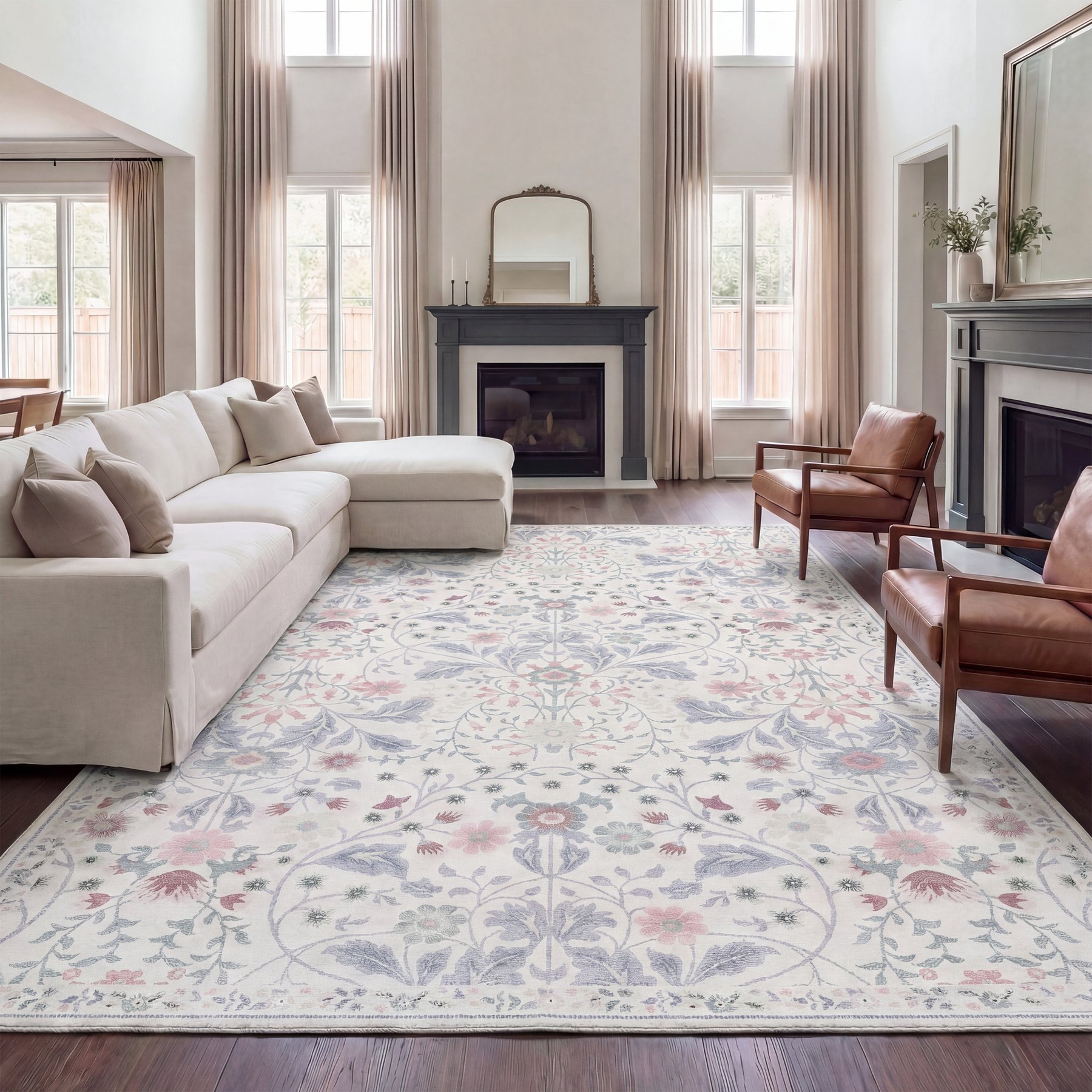 JONATHAN Y Primrose Art Nouveau Floral Border Machine-Washable Area Rug, Cream & Pink, 3 x 5-ft