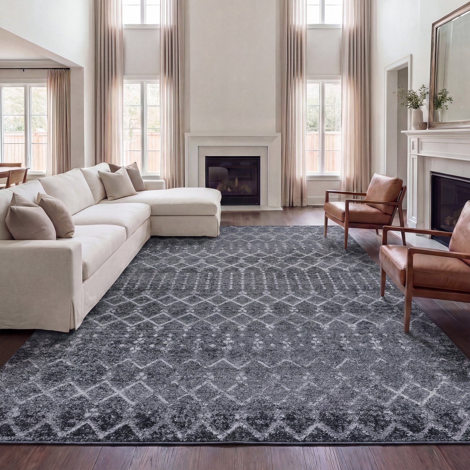 JONATHAN Y Leila Moroccan Diamond Trellis Machine-Washable Area Rug, Gray & Ivory, 8 x 10-ft
