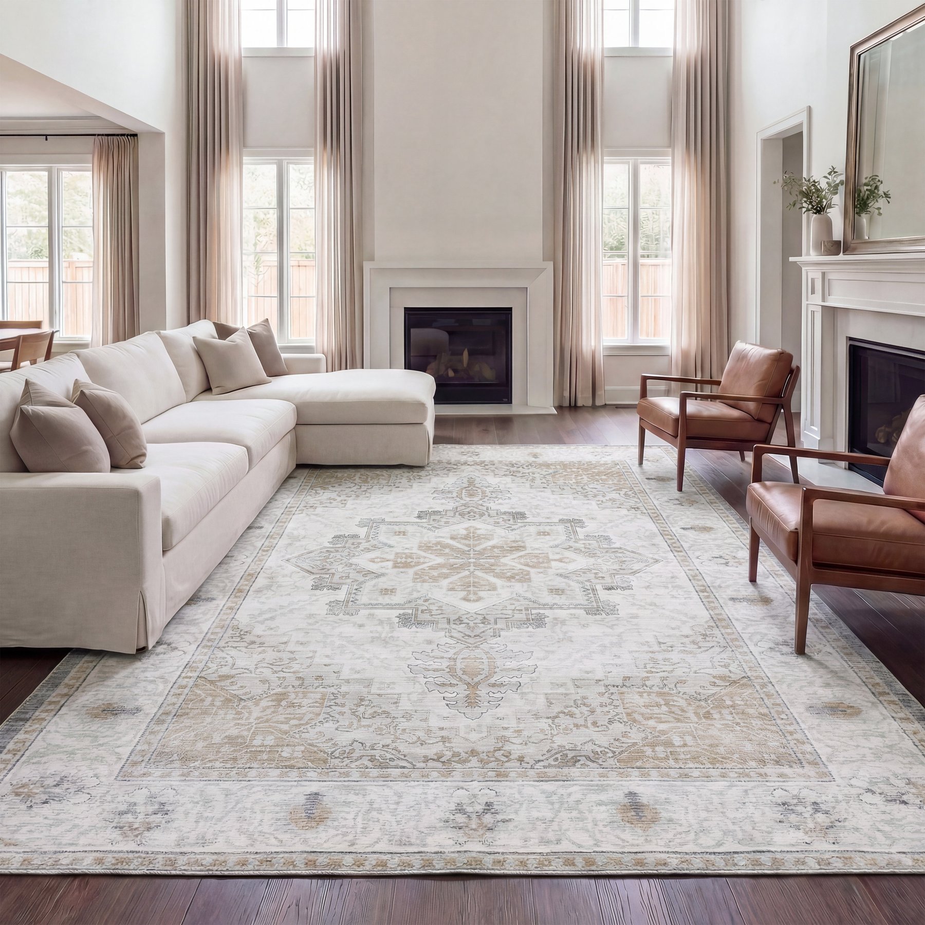 JONATHAN Y Eleanor Vintage Medallion Border Machine-Washable Area Rug, Cream & Beige, 9 x 12-ft