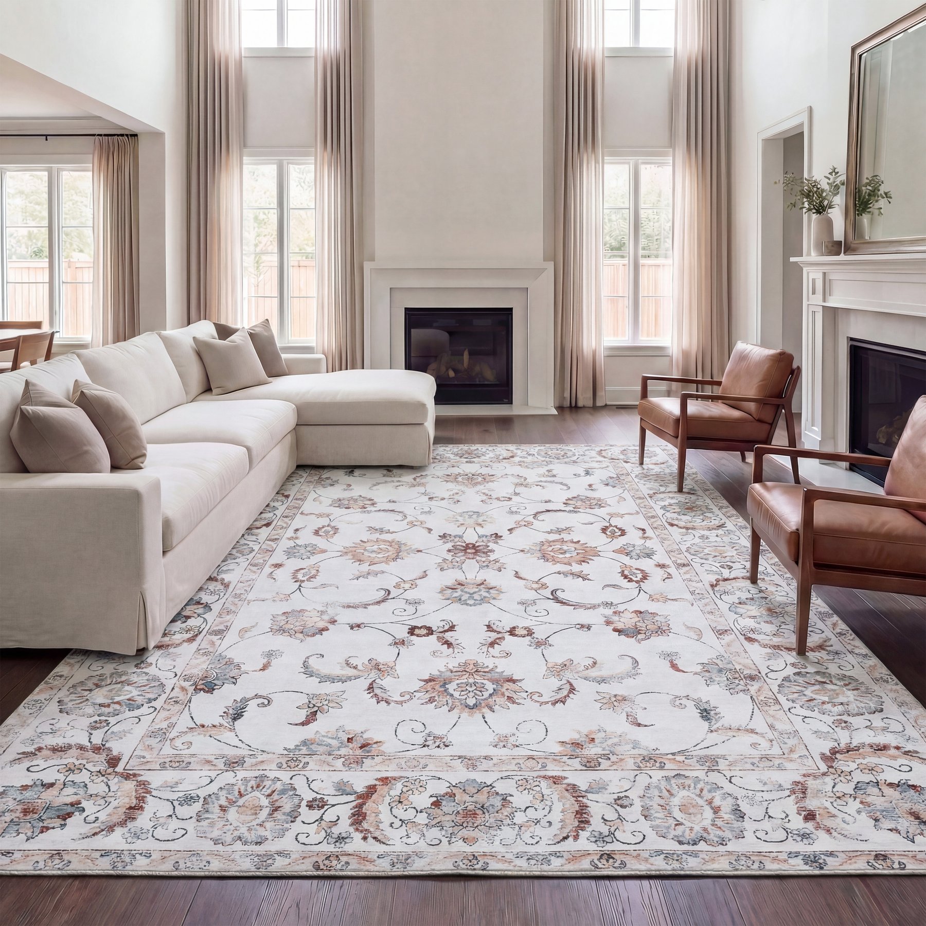 JONATHAN Y Arabella Vintage Floral Border Machine-Washable Area Rug, Cream & Terra, 8 x 10-ft