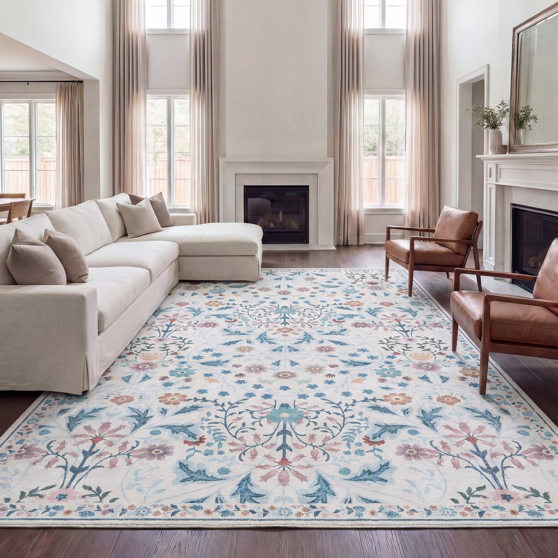 JONATHAN Y Primrose Art Nouveau Floral Border Machine-Washable Area Rug, Cream & Turquoise, 9 x 12-ft