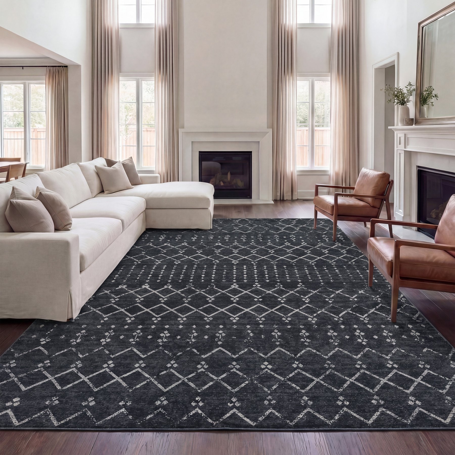 JONATHAN Y Leila Moroccan Diamond Trellis Machine-Washable Area Rug, Dark Gray & Ivory, 8 x 10-ft