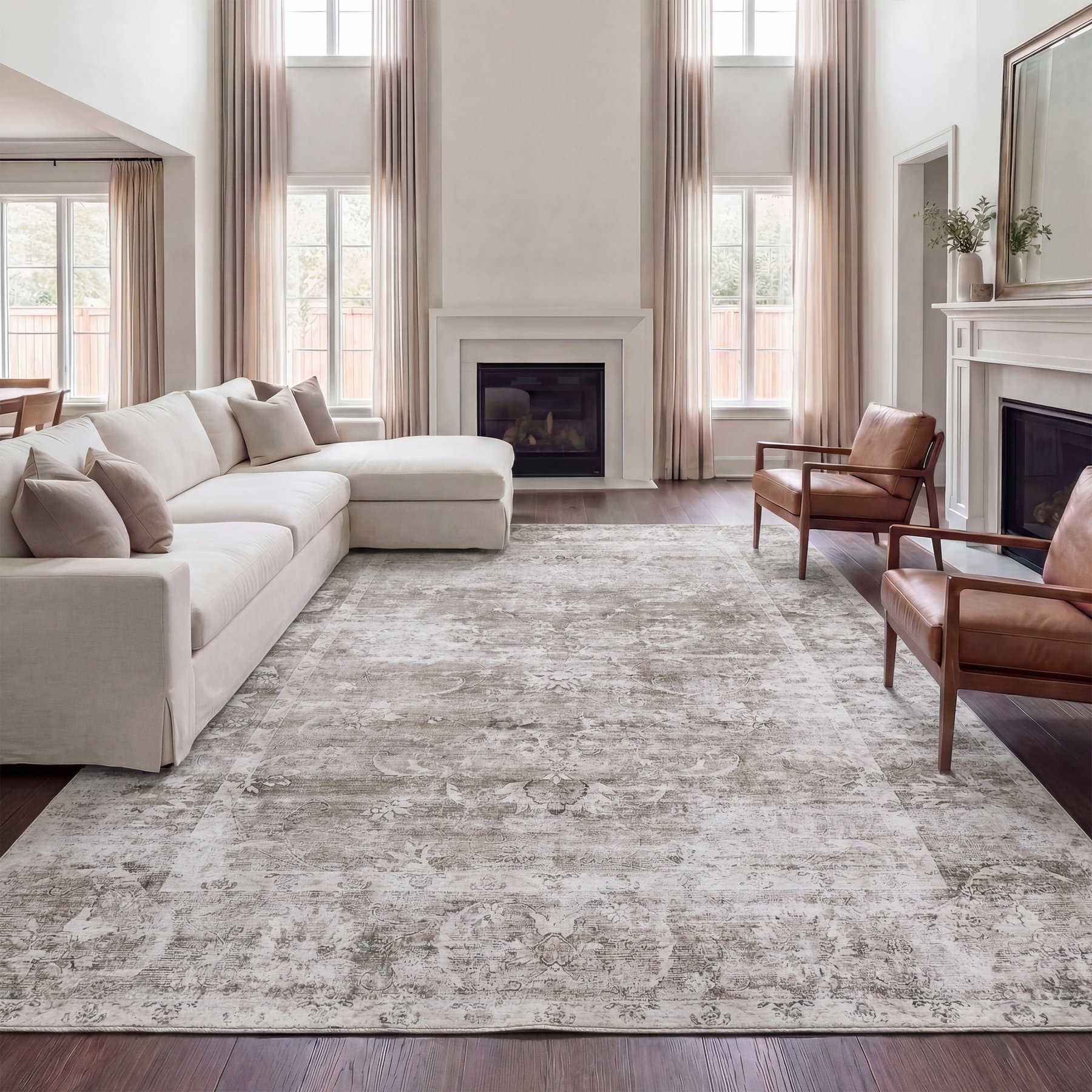 JONATHAN Y Arabella Vintage Floral Border Machine-Washable Area Rug, Beige & Cream, 4 x 6-ft