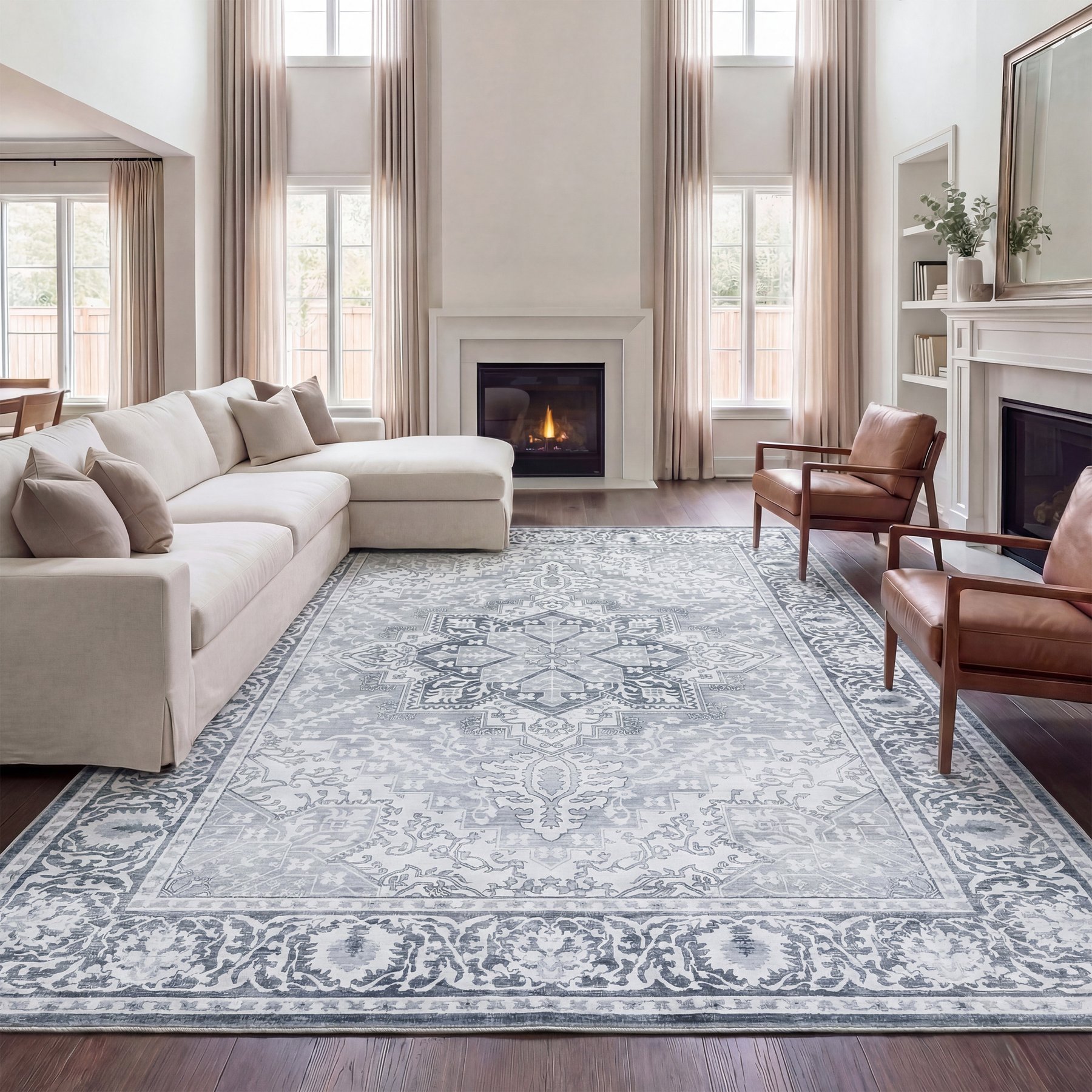 JONATHAN Y Eleanor Vintage Medallion Border Machine-Washable Area Rug, Ivory & Gray, 8 x 10-ft