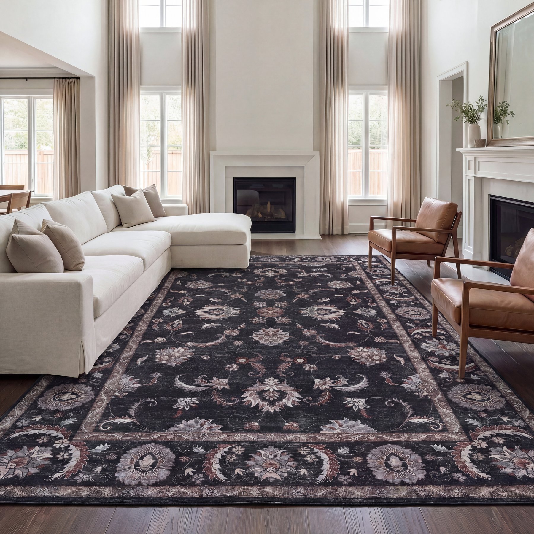 JONATHAN Y Arabella Vintage Floral Border Machine-Washable Area Rug, Dark Gray & Multi, 5 x 8-ft