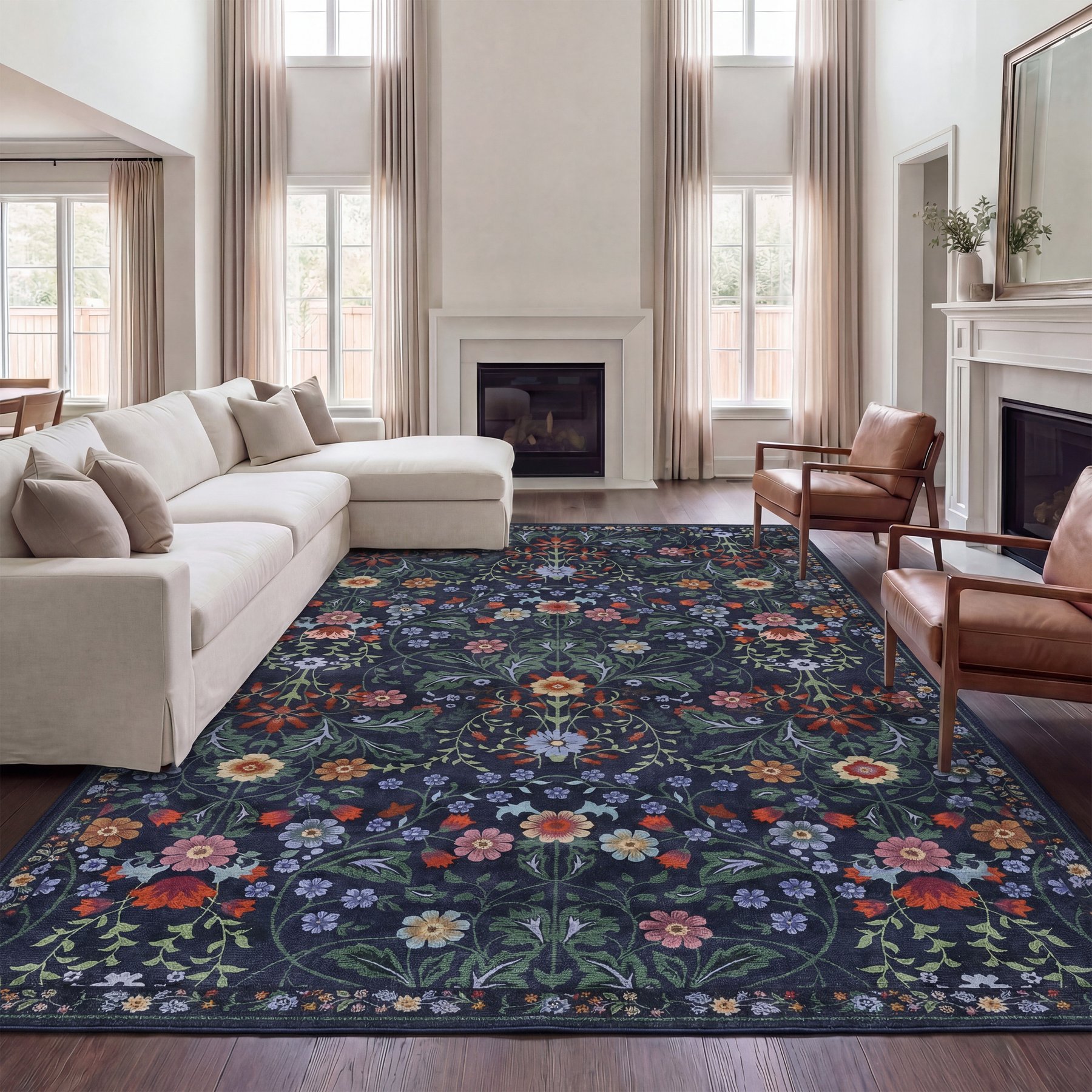 JONATHAN Y Primrose Art Nouveau Floral Border Machine-Washable Area Rug, Green & Pink, 4 x 6-ft