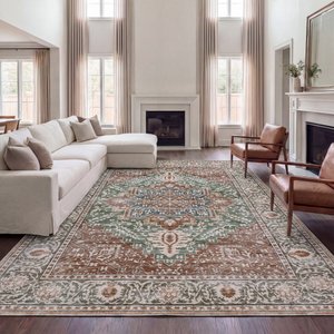 JONATHAN Y Eleanor Vintage Medallion Border Machine-Washable Area Rug, Green & Brown, 5 x 8-ft