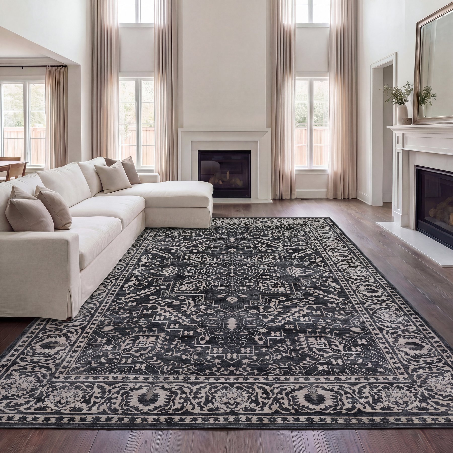 JONATHAN Y Eleanor Vintage Medallion Border Machine-Washable Area Rug, Dark Gray & Multi, 8 x 10-ft