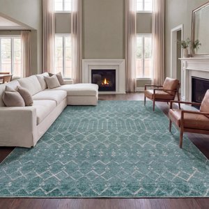 JONATHAN Y Leila Moroccan Diamond Trellis Machine-Washable Area Rug, Teal & Ivory, 4 x 6-ft