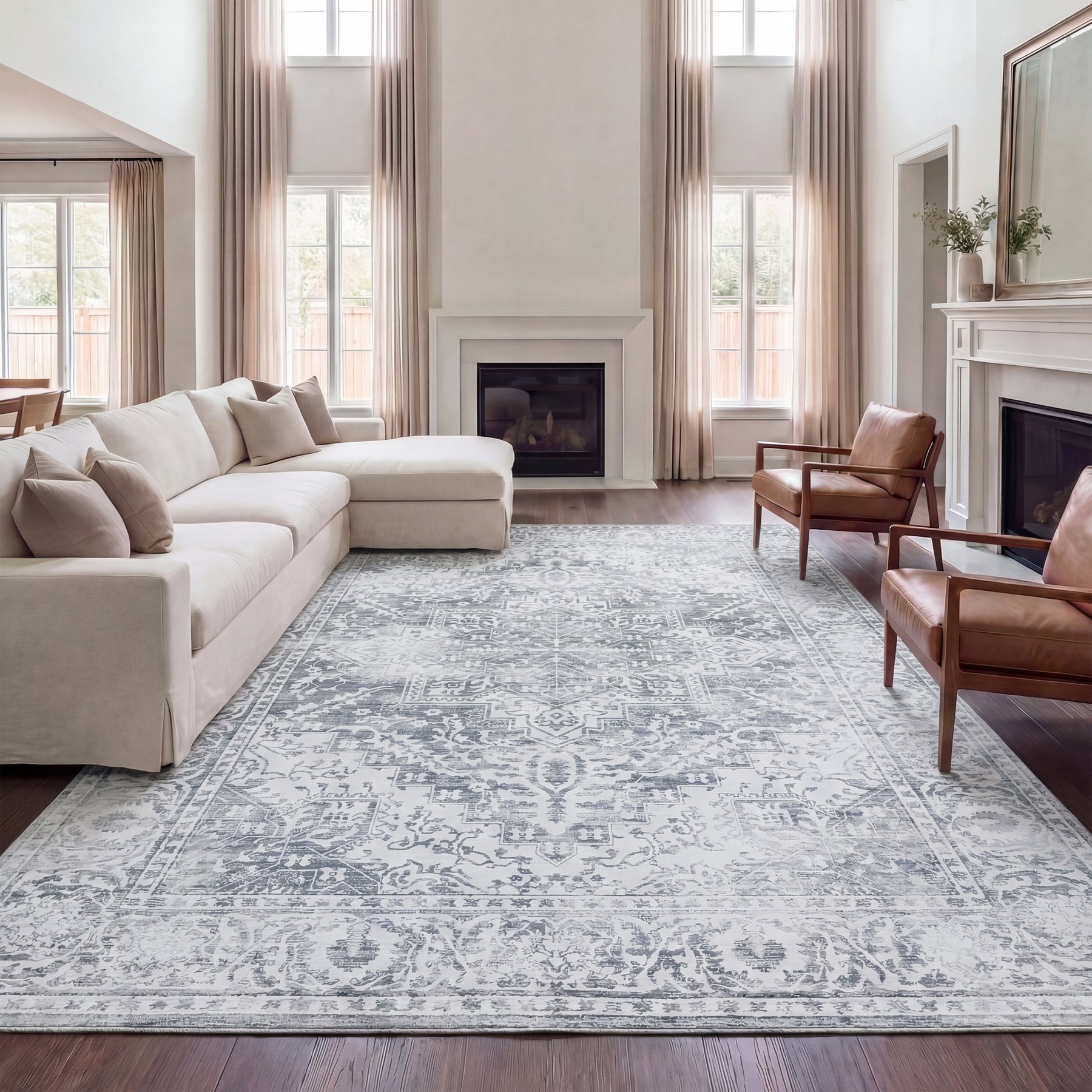 JONATHAN Y Eleanor Vintage Medallion Border Machine-Washable Area Rug, Light Gray & Ivory, 8 x 10-ft