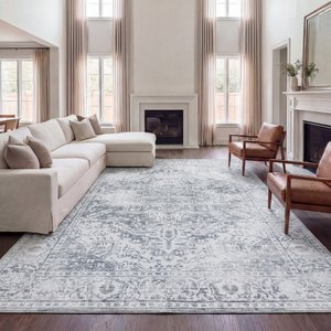 JONATHAN Y Eleanor Vintage Medallion Border Machine-Washable Area Rug, Light Gray & Ivory, 4 x 6-ft