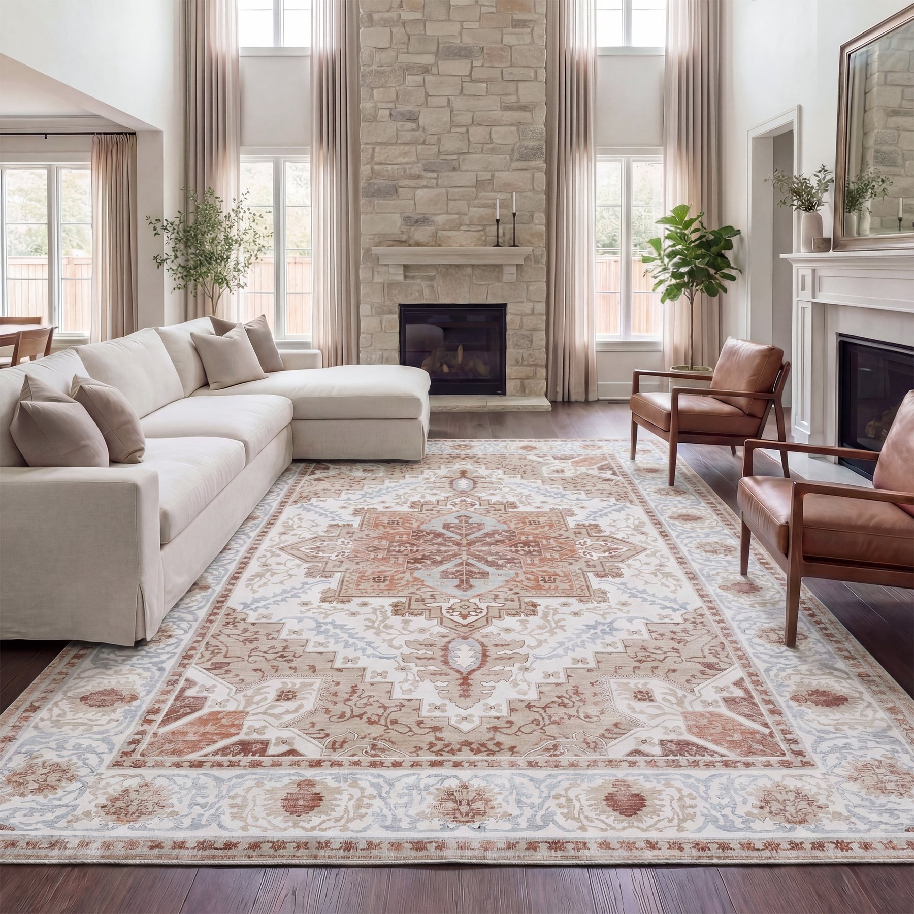 JONATHAN Y Eleanor Vintage Medallion Border Machine-Washable Area Rug, Cream & Terra, 5 x 8-ft
