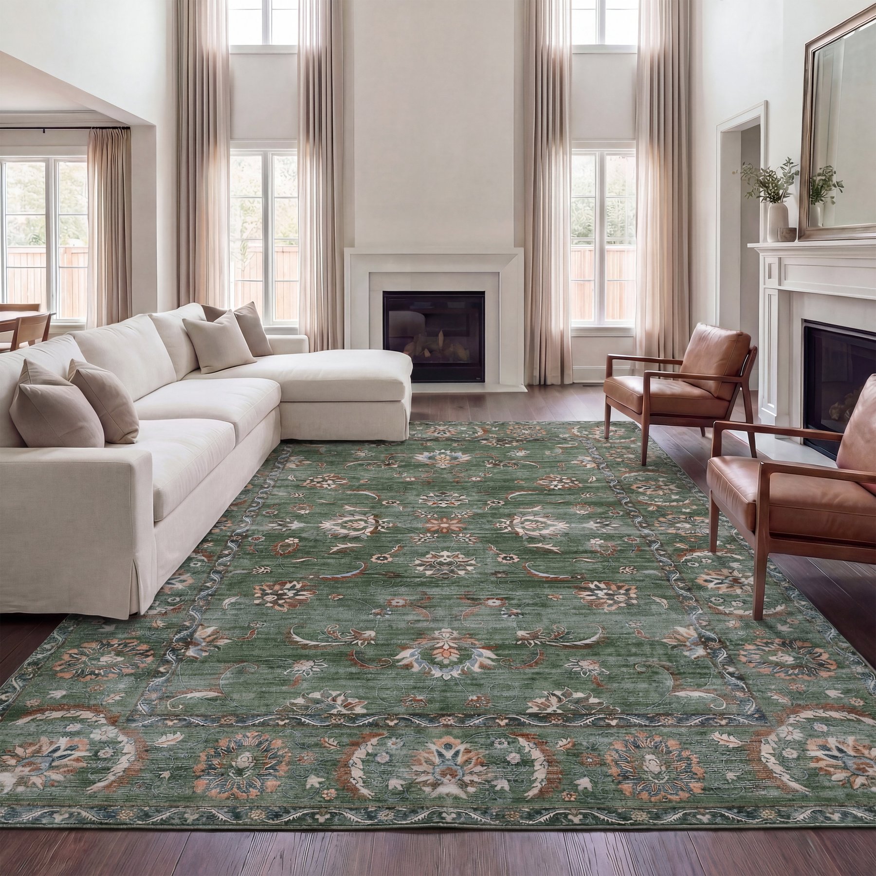 JONATHAN Y Arabella Vintage Floral Border Machine-Washable Area Rug, Green & Brown, 3 x 5-ft