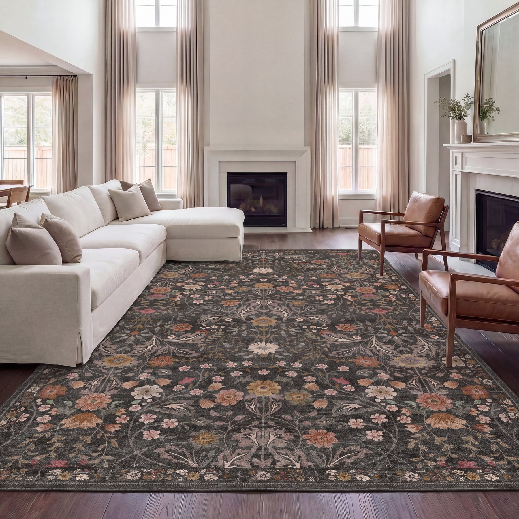 JONATHAN Y Primrose Art Nouveau Floral Border Machine-Washable Area Rug, Taupe & Multi, 8 x 10-ft