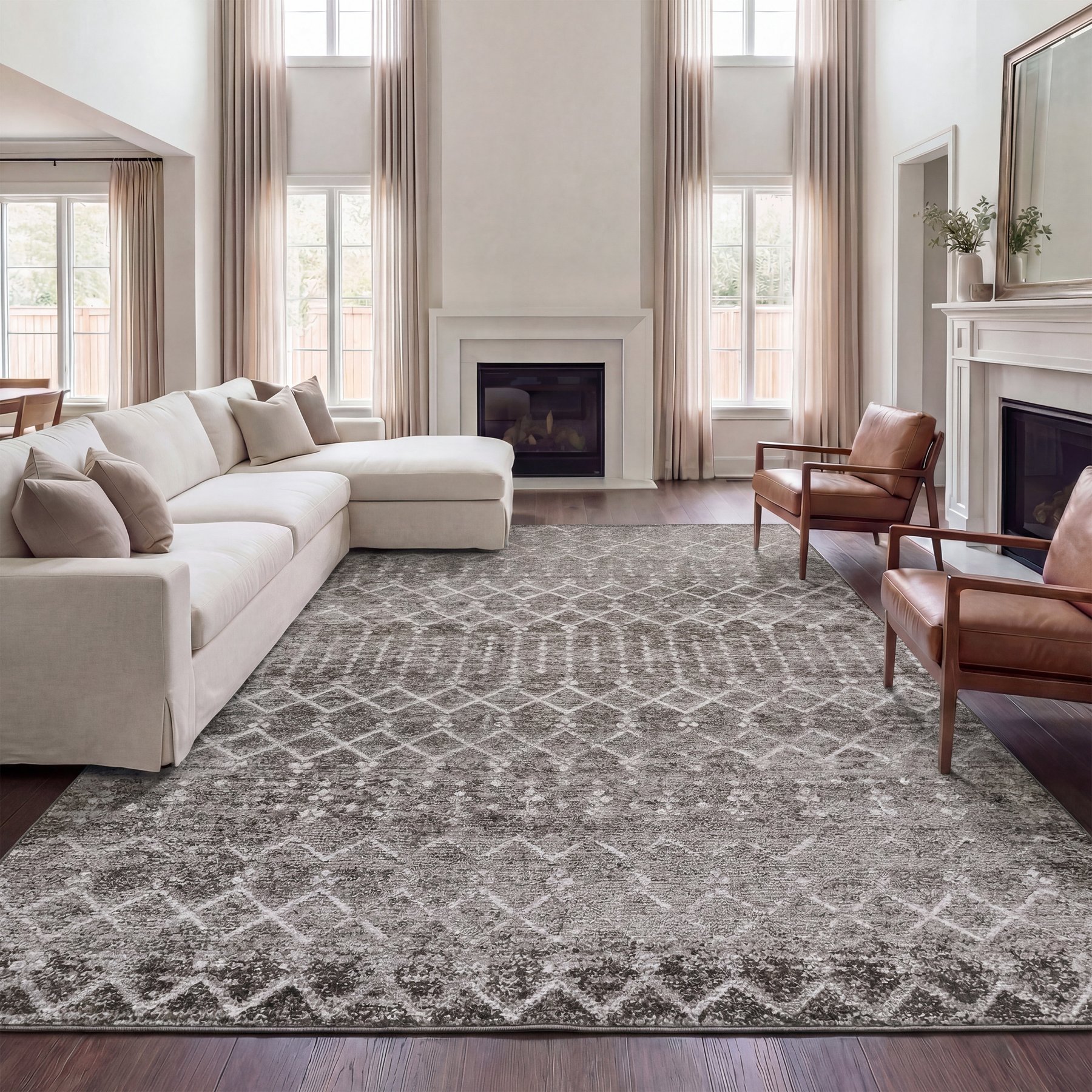 JONATHAN Y Leila Moroccan Diamond Trellis Machine-Washable Area Rug, Taupe & Ivory, 4 x 6-ft