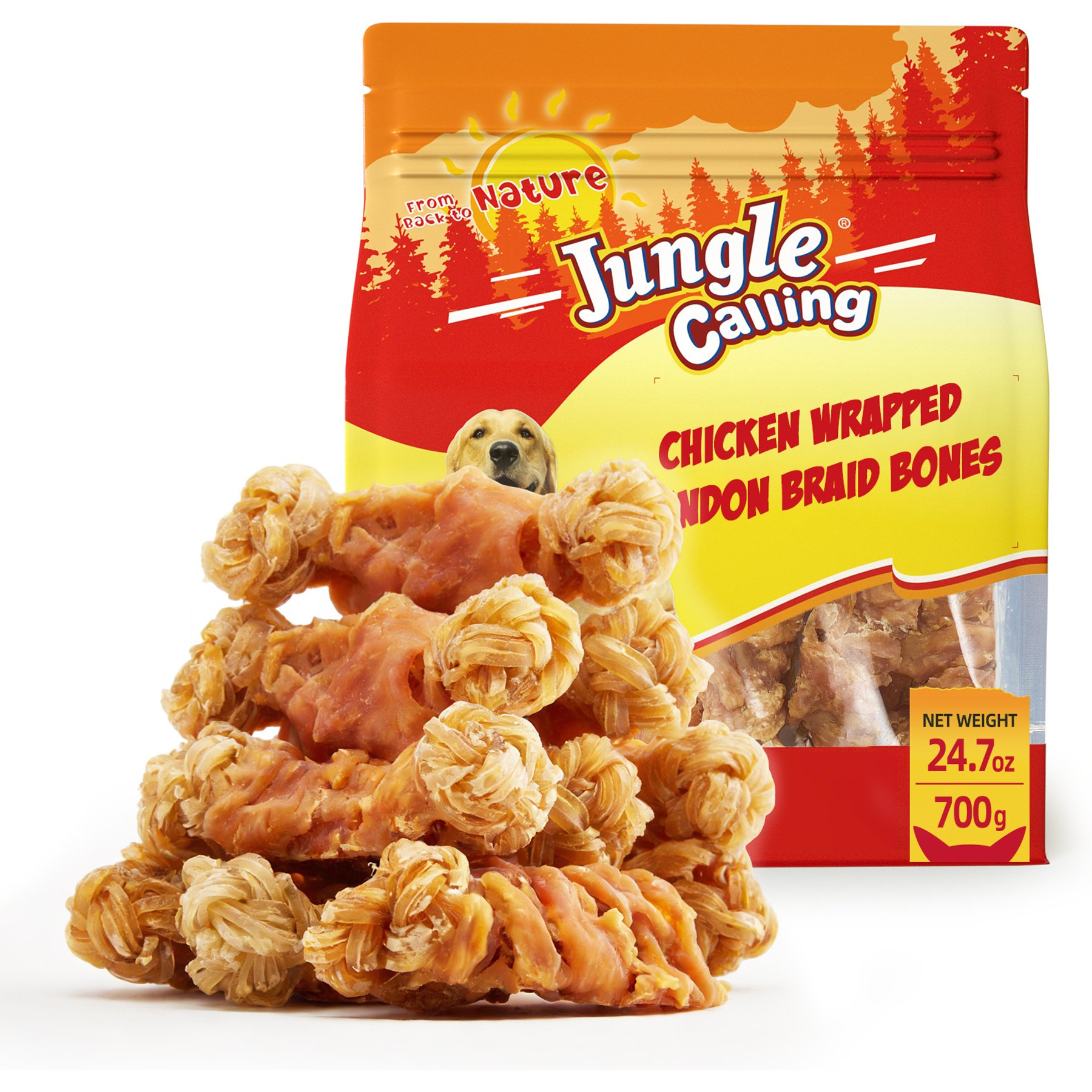 Jungle Calling Chicken Wrapped Knotted Beef Tendon Bones Dog Chew, 24.7-oz bag, 14 count