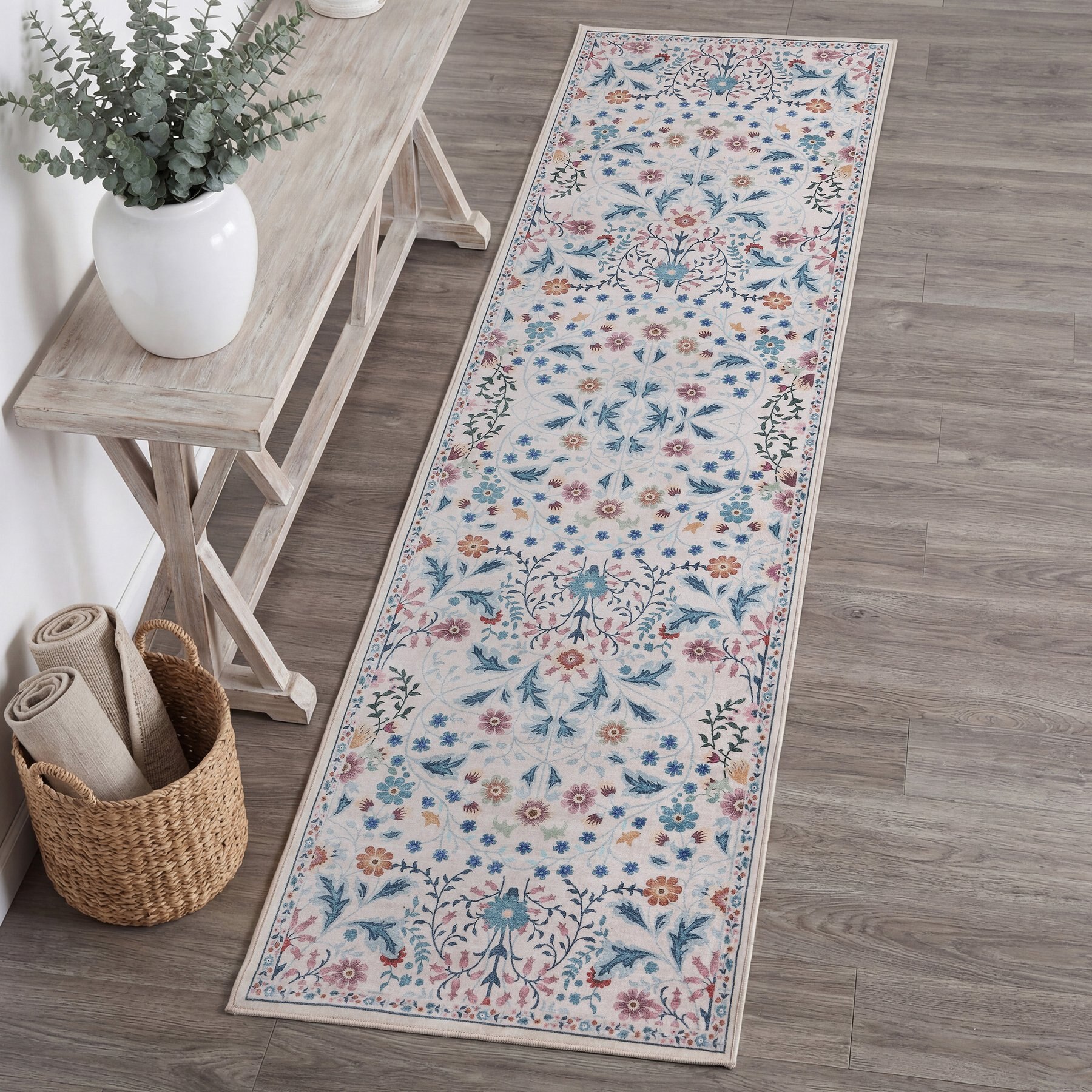 JONATHAN Y Primrose Art Nouveau Floral Border Machine-Washable Area Rug, Cream & Turquoise, Runner: 2 x 8-ft